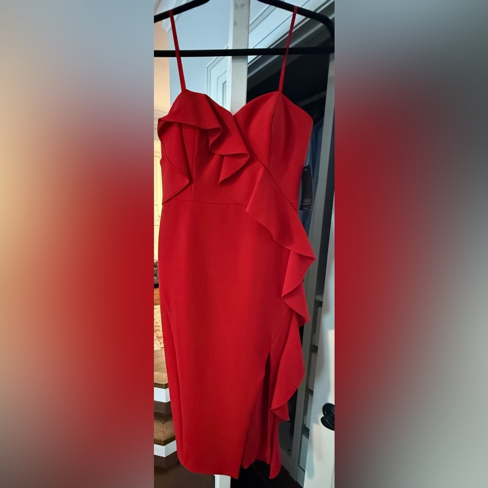 Aidan Mattox Red Asymmetrical Ruffled Strapless Cocktail Dress